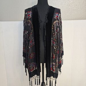 JBS LTD Vintage Kimono Velvet Burnout Sz 3X Fringe Beaded Bohemian Festival W486